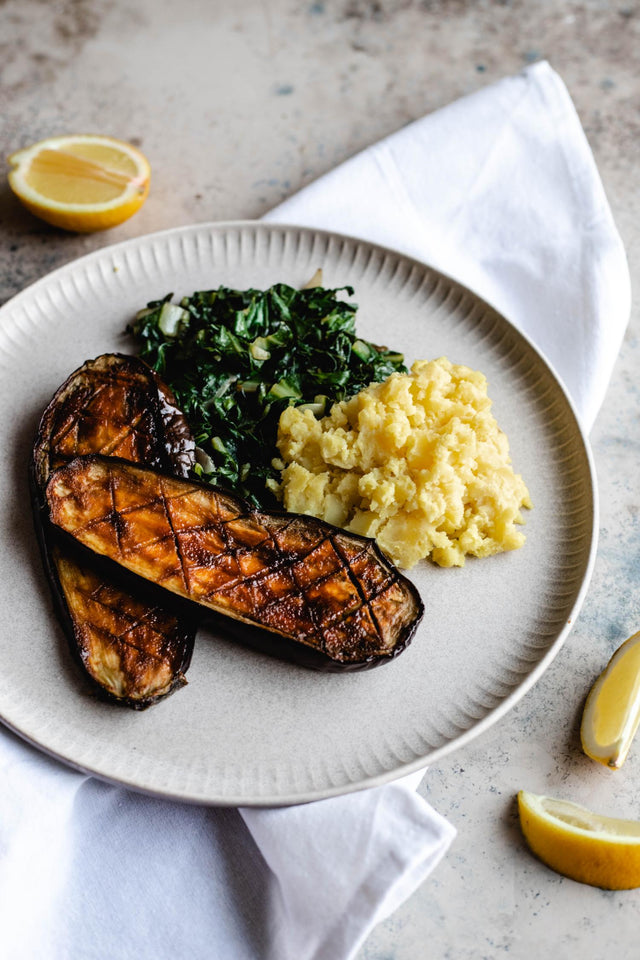 Auberginensteaks mit selbstgemachtem Kartoffelpüree