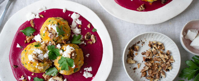 Kürbis-Knödel mit Rote Bete Beachmel