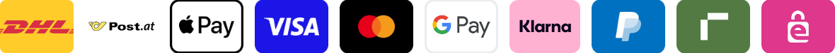Zahlungs- und Versandarten: DHL, Österreichische Post, Apple Pay, Visa, Mastercard, Google Pay, Klarna, PayPal